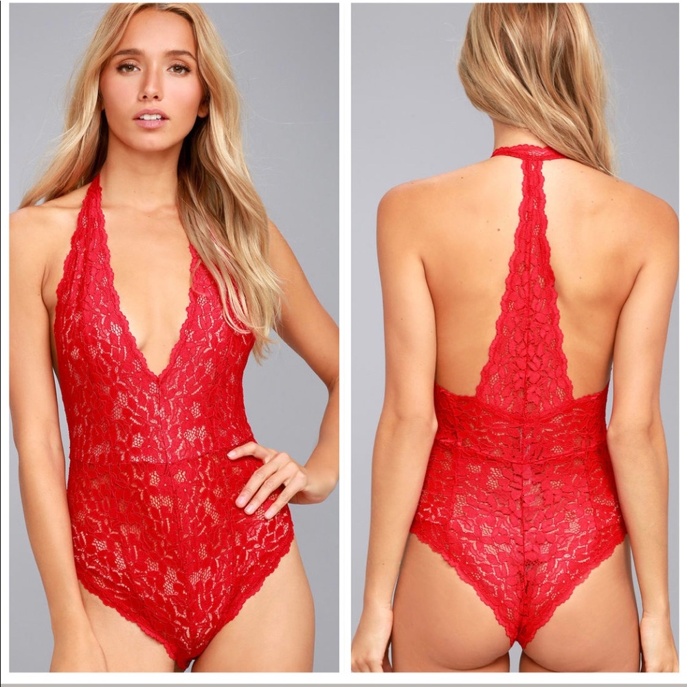 Free People Avery Red Lace Bodysuit L NWT
